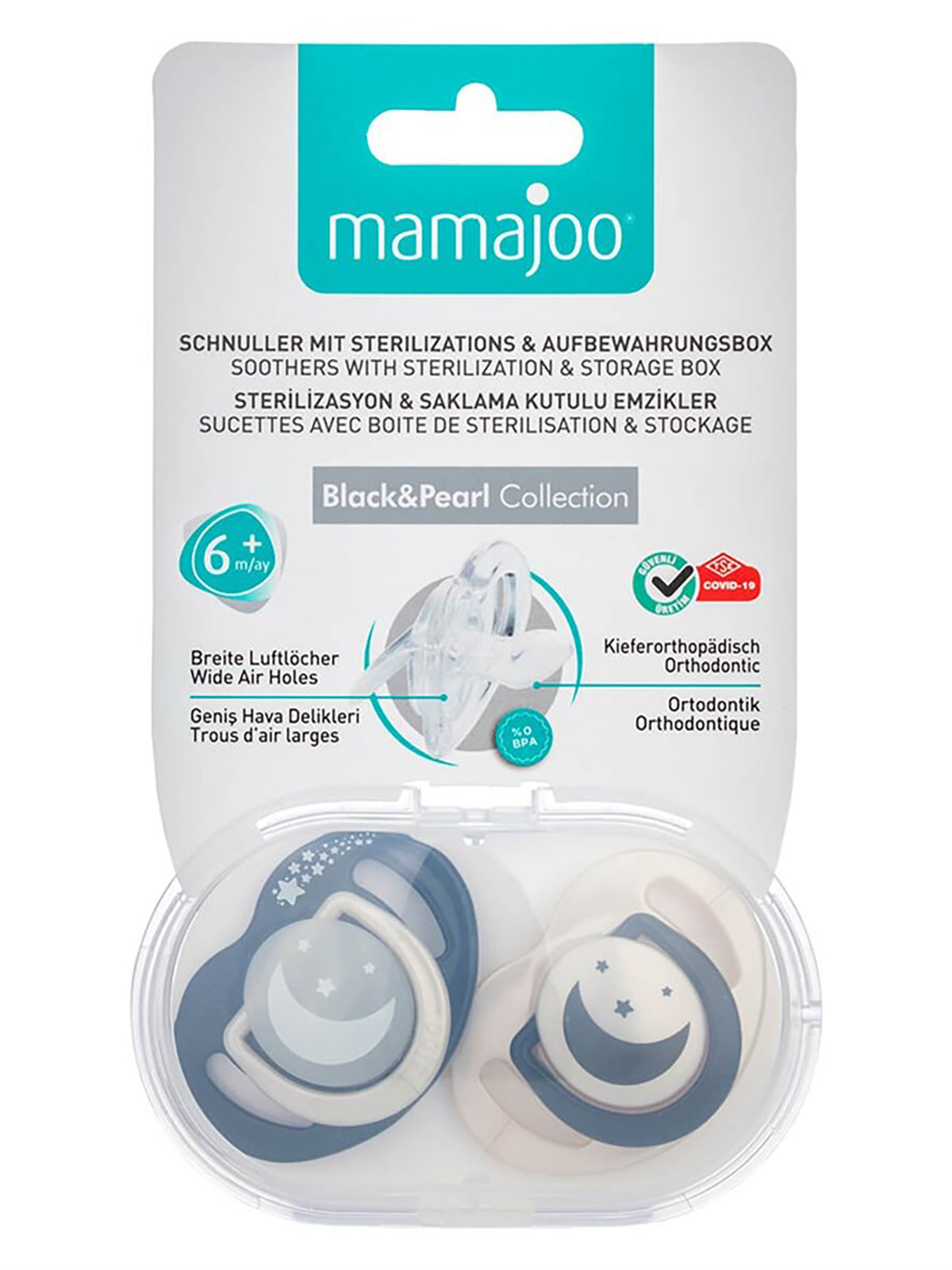 Twin Orthodontic Silicone Soothers Black & Pearl / Day & Night 12m+