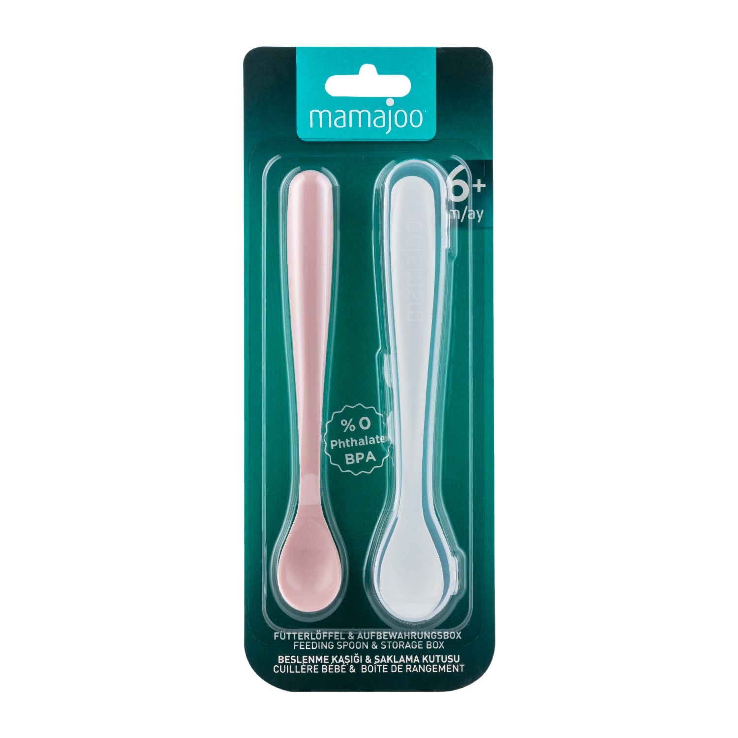 2 x FEEDING SPOONS POWDER PINK & STORAGE BOX