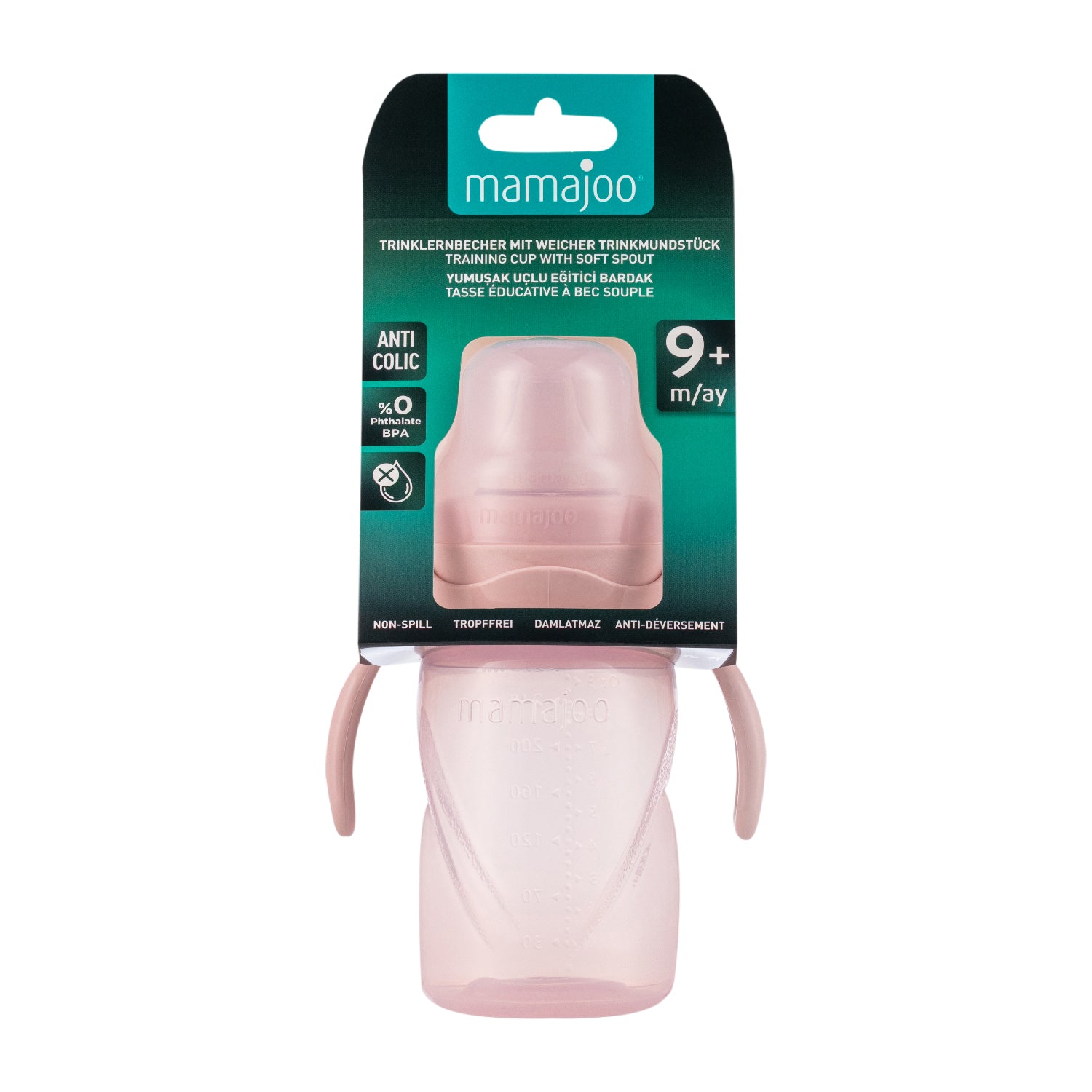 270ml Non Spill Training Cup Pale Pink with Handle & Anti-Colic Soft Spout